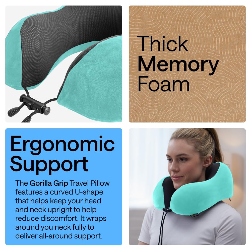 GORILLA GRIP Adjustable Travel Neck Pillow for Airplanes, CertiPUR-US® Memory Foam, Soft Velvet, Cooling Mesh Pillows, Support Headrest for Sleeping, Traveling Essentials, Flight Accessories Turquoise
