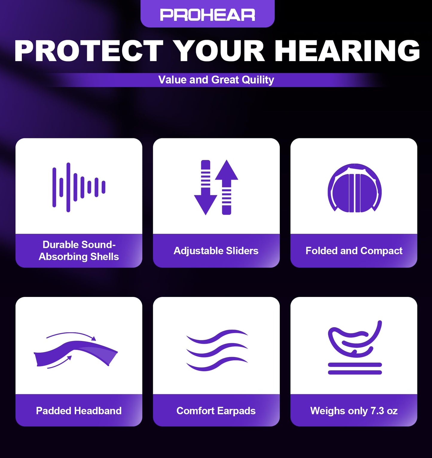 PROHEAR 038 Ear Protection Safety Earmuffs for Mowing, 28dB Noise Reduction Passive Hearing Protector, Compact Foldable Headset for Shooting Construction Power Tools, Purple