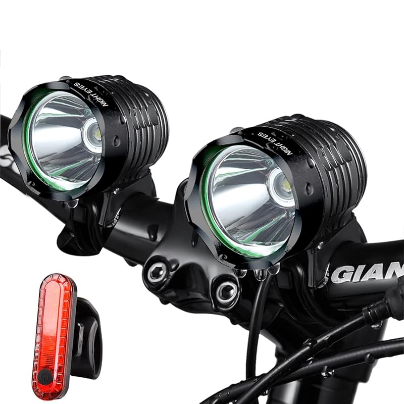 Night Eyes 2400LM Dual Bike Headlights + USB Taillight Pack - Rechargeable 8.4V Battery, Waterproof