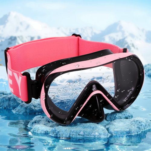 HIKOTEY Swimming Goggles for Kids(2 Pcs), Elastic Fabric Strap, Tempered Glass Diving Mask 180°Clear View Snorkel Goggle for Kids Ages 6-16, Anti-Fog (2 Pack-Black Cyan & Black Pink)