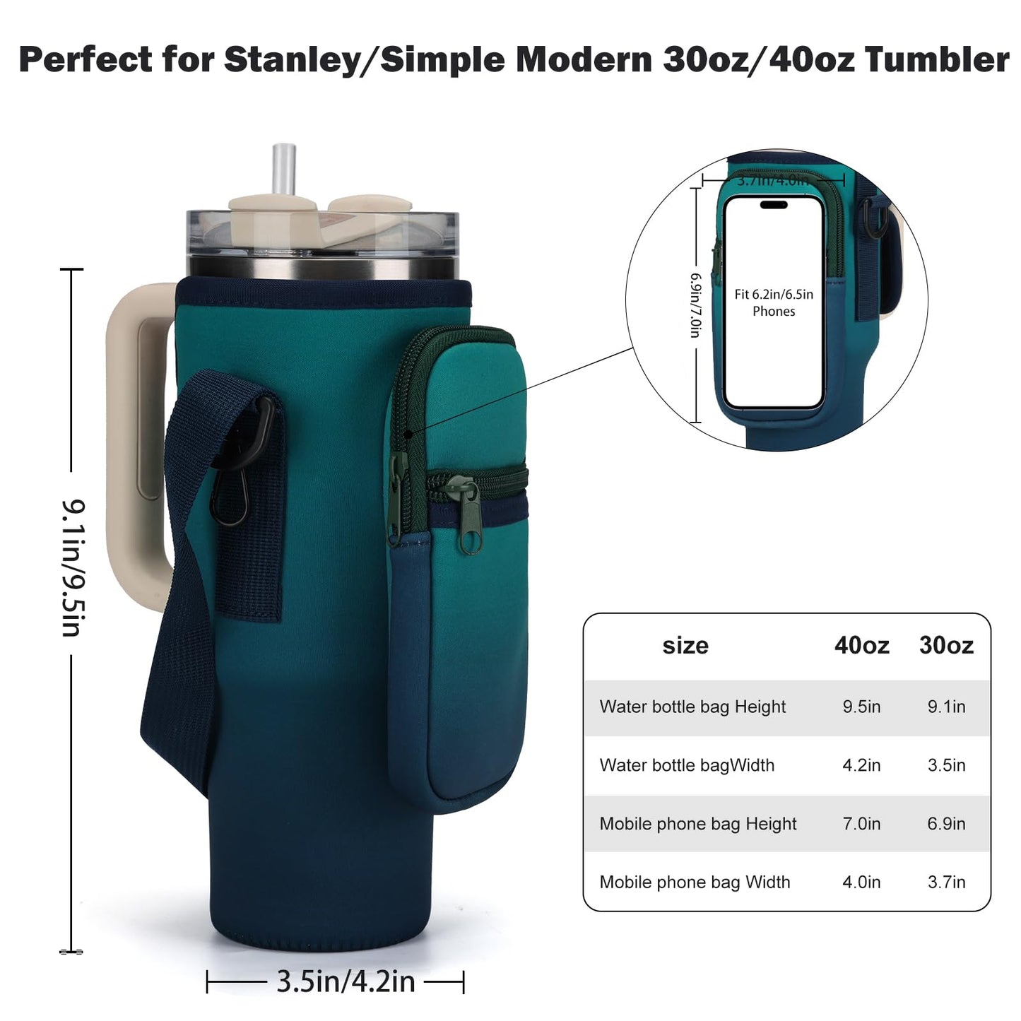 GOEWY Water Bottle Carrier Bag for Stanley 30oz Tumbler with Phone Pocket Water Bottle Holder with Strap Neoprene Water Bottle Pouch for Stanley Cup Accessories