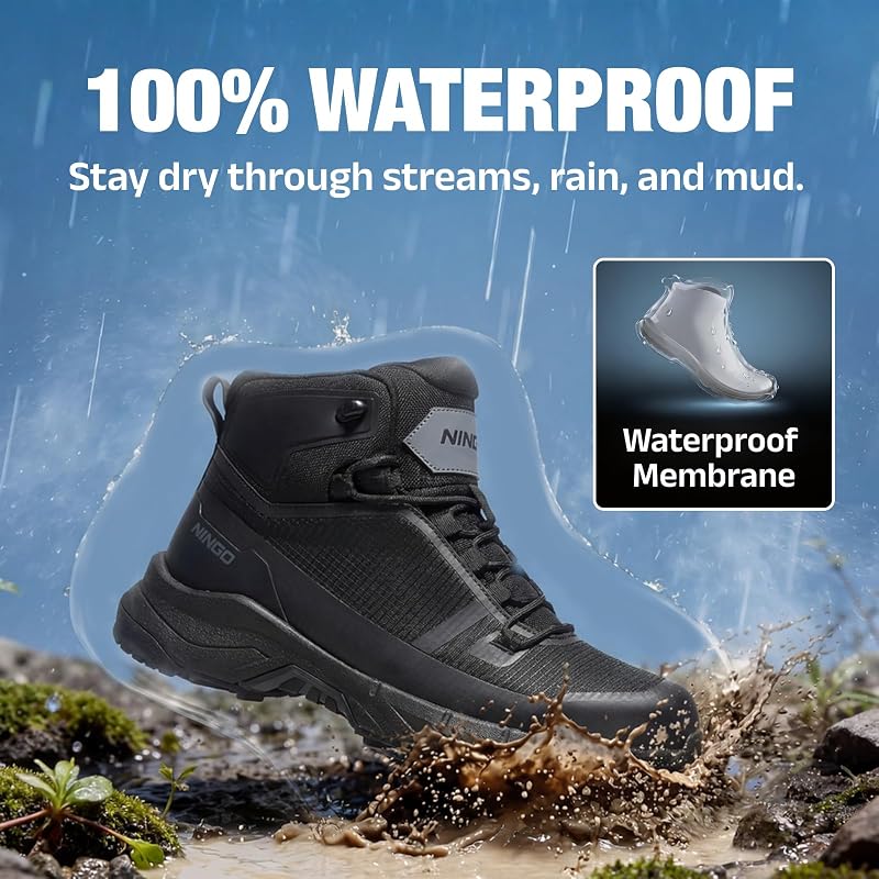 Men's Waterproof Hiking Boots - Lightweight Outdoor Shoes in Black