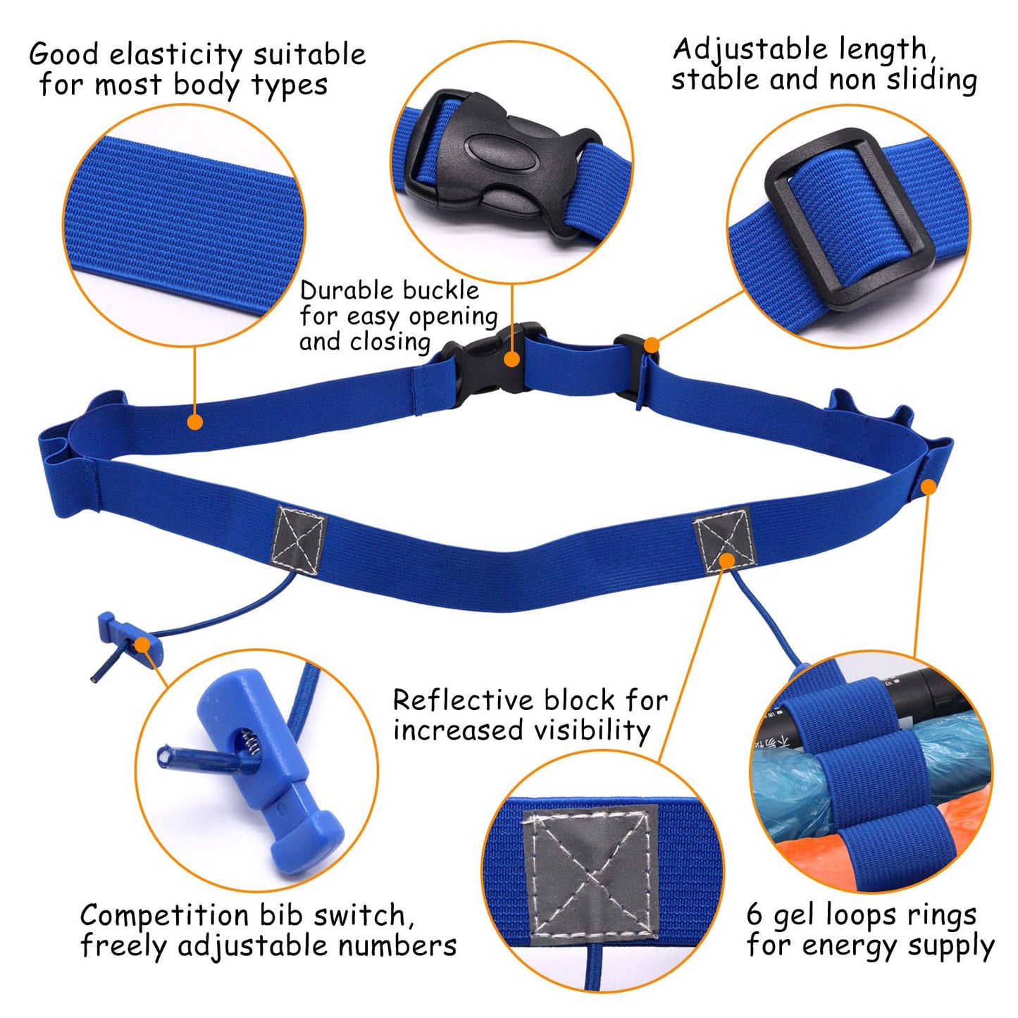 GDFYMI 2Pcs Race Number Belt Race Bib Belts with 6 Energy Gel Loops for Marathon Triathalon Running No Safety Pins Required (Black/Blue)