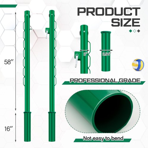 Otoolling Round Tennis Posts with Net Crank Outdoor Heavy Duty Professional Green Tennis Permanent Court Kit for Net Quick Fixation System Equipped with a Cable Reel