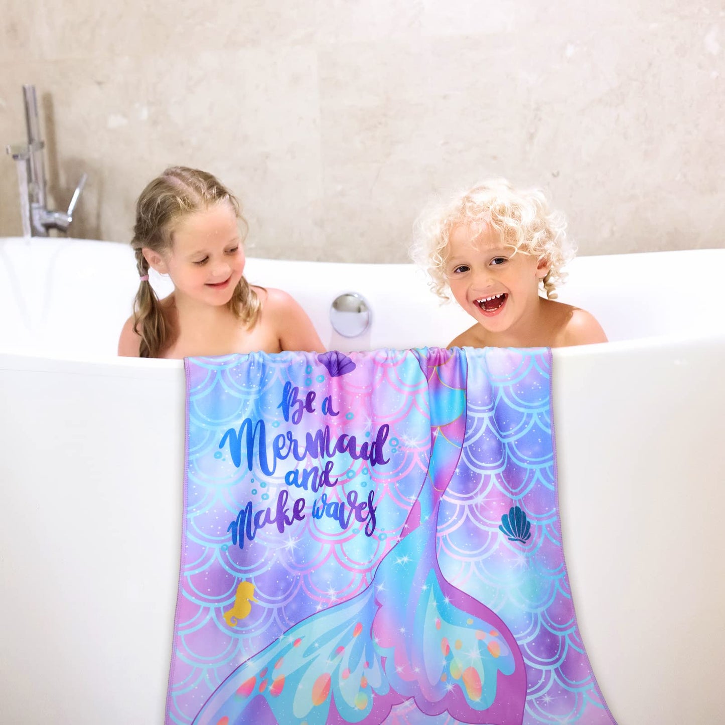 Yahenda 2 Packs Mermaid Beach Towel for Kids Quick Dry Beach Swimming Bath Pool Towel for Kids Girls Travel Shower Swimming Camping, 28 x 55 Inch