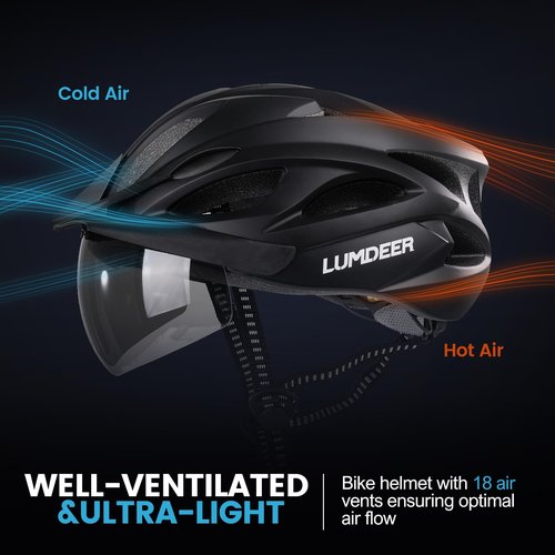 Bike Helmet with Goggles, Visor, Rear Light for Adult Men Women - CPSC, CE Bicycle Helmet Lightweight & Adjustable &Chin Pad, Cycling Helmet for All Purpose Bike, Suggested Fit 58-62cm(Matte Black)