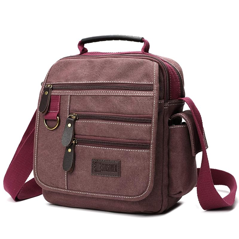 Red Canvas Messenger Bag - Small Crossbody/Shoulder Work Bag, Vintage Multifunction