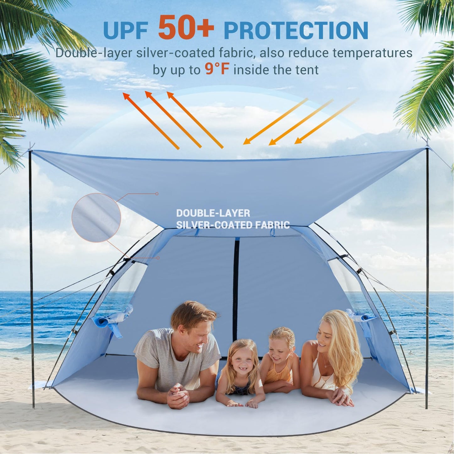 Elegear CumbreX™ Beach Tent Sun Shelter with Canopy, 4-5 Person Pop Up Beach Tent Cabana, Easy Setup UPF 50+ UV Protection Portable Lightweight Double Silver Coating Sun Shade Shelter - Dark Blue