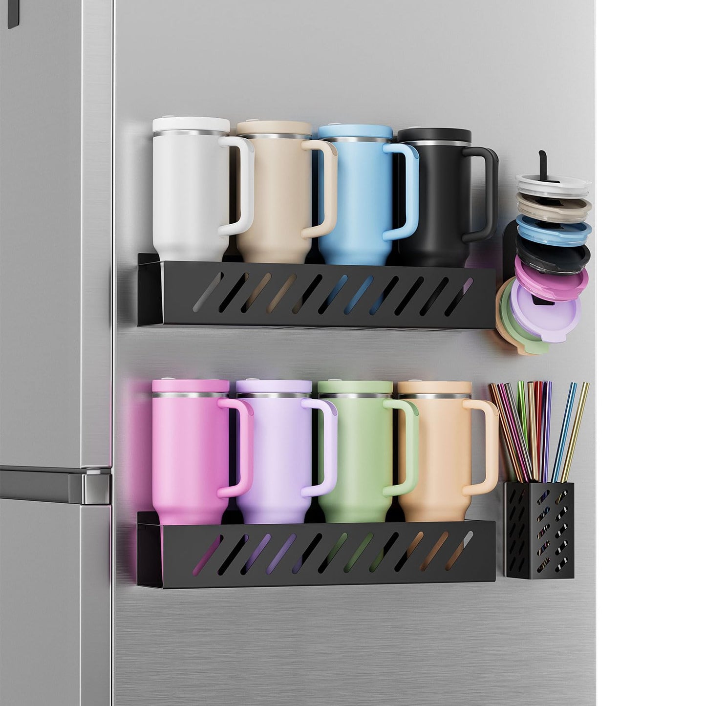 Wolera 2-Pack Magnetic Stanley Cup Holder with Tumbler Lid & Straw Organizer for Full Stanley 30/40 oz Tumblers - Stores Bottle, Lid & Straw on Fridge/Iron - Removable