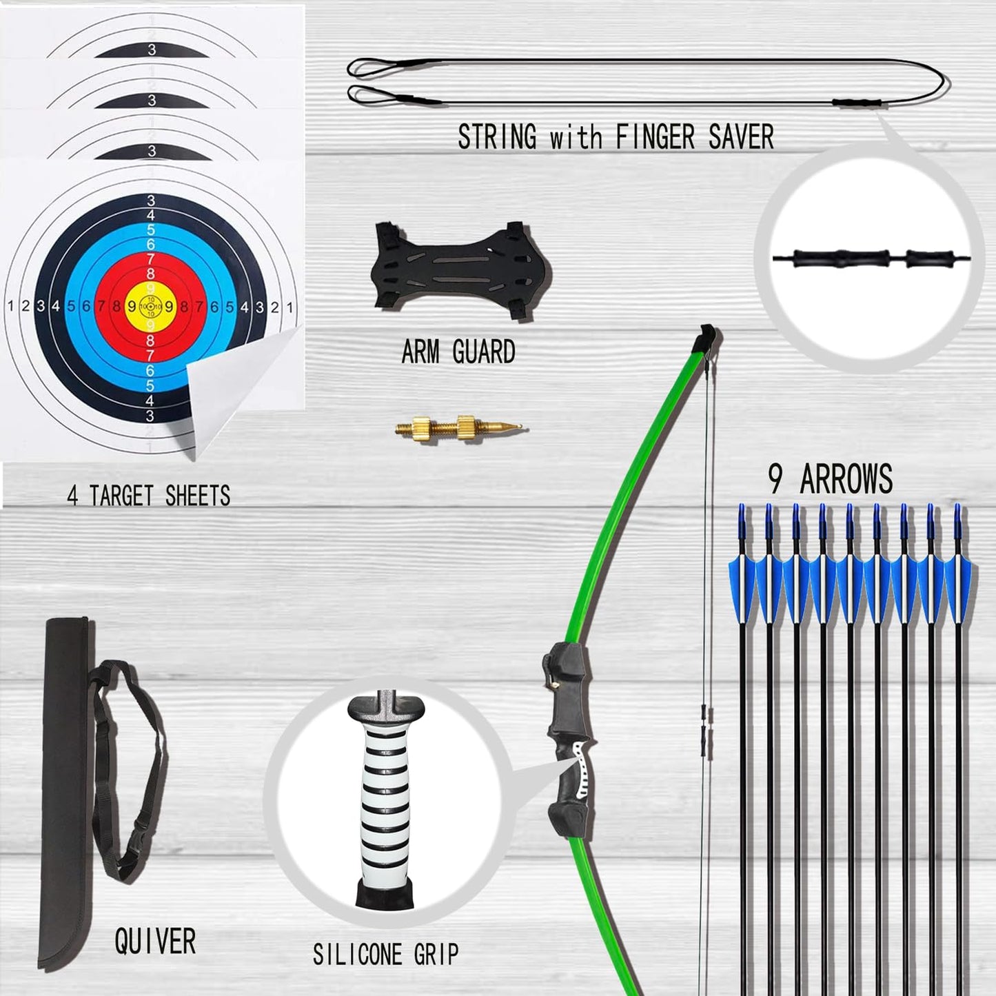 45" Youth Bow and Arrows Set for Kids 8-12 Teens Recurve Archery Beginner Gift Longbow Kit 9 Arrows, 4 Target Face Toy for Backyard Game Age 12-14 14-16 Green