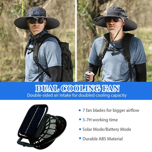 Solar Fan Hat, Hat with Fans Solar Power, Solar Fan Hats for Men,Wide Brim Fishing, Outdoor Hiking Cap with Built-in Solar Fans, Ideal for Camping and Sun Protection(Grey)