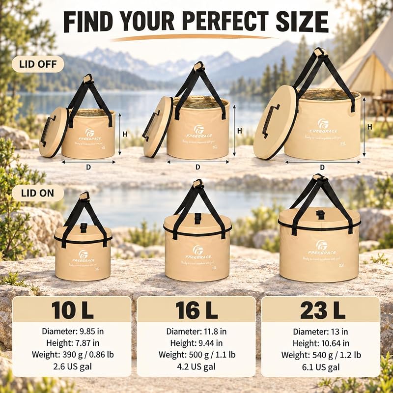 Freegrace 23L Collapsible Water Bucket with Lid – Khaki, With Lid, Portable Camping Wash Basin