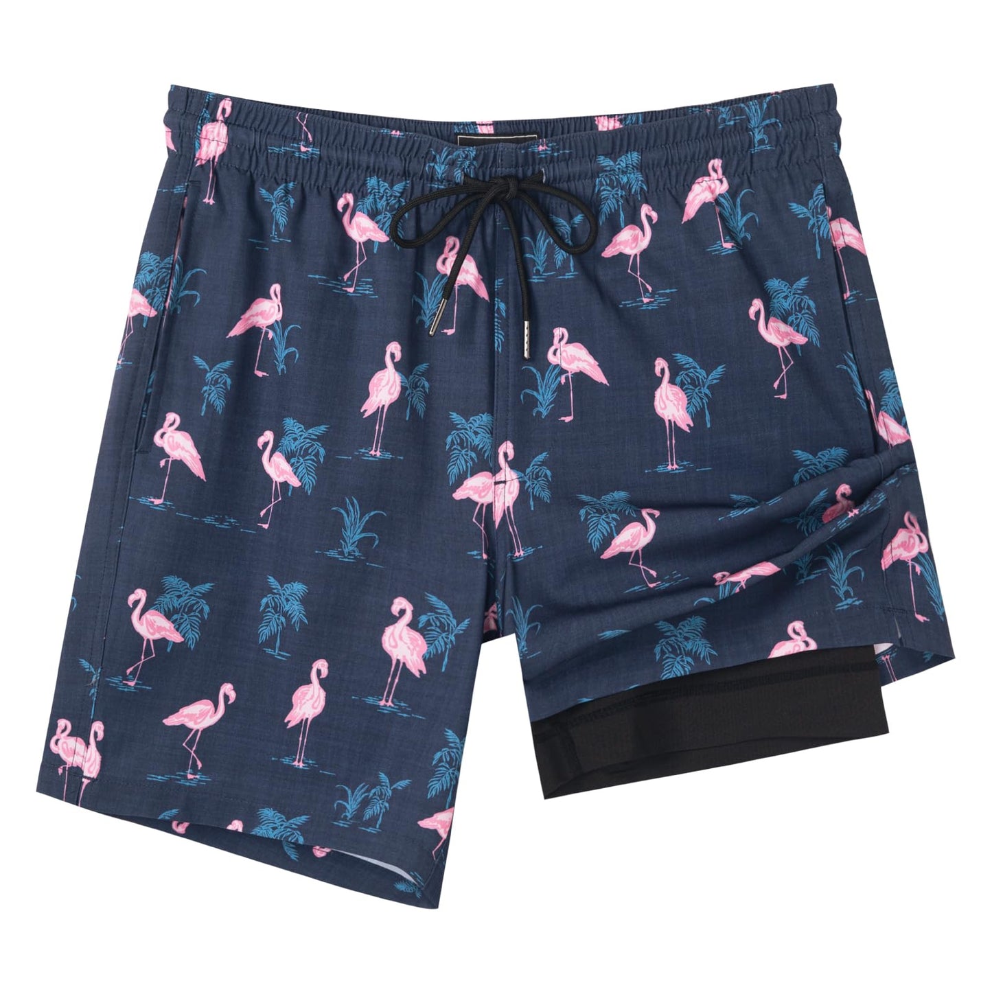 SURF CUZ Mens Swim Trunks with Compression Liner Quick Dry Swim Shorts 7" Swimming Trunks Stretch Bathing Suit 7 Inch,Flamingo-Black,L