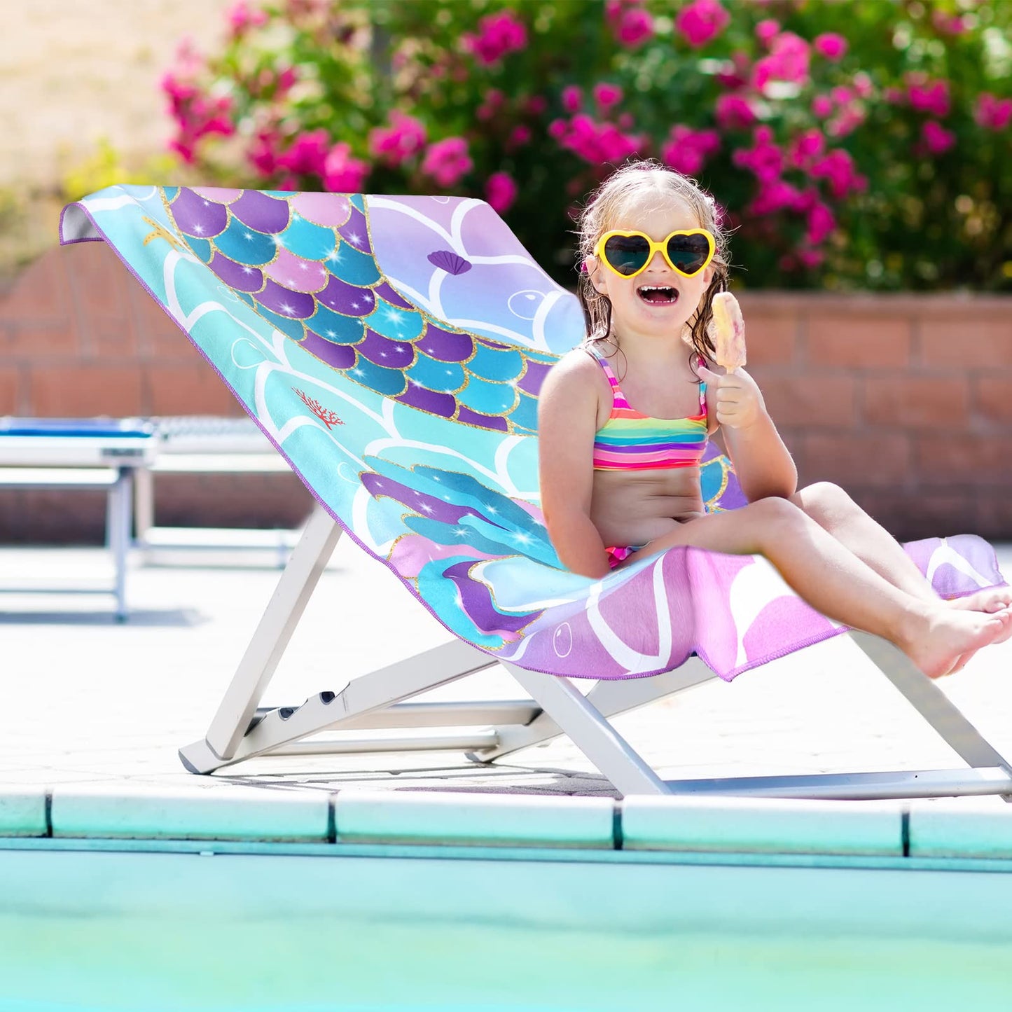Yahenda 2 Packs Mermaid Beach Towel for Kids Quick Dry Beach Swimming Bath Pool Towel for Kids Girls Travel Shower Swimming Camping, 28 x 55 Inch