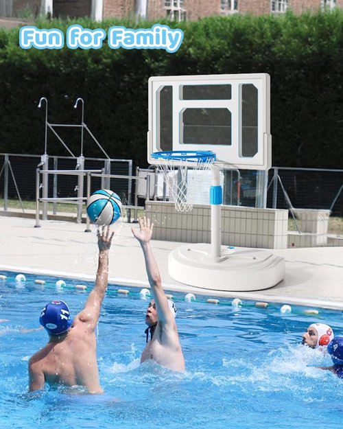 Swimming Pool Basketball Hoop, Stainless Steel Adjustable Poolside Basketball Goals System with 32 Inch Shatterproof Backboard, 2 Balls & Pump Included