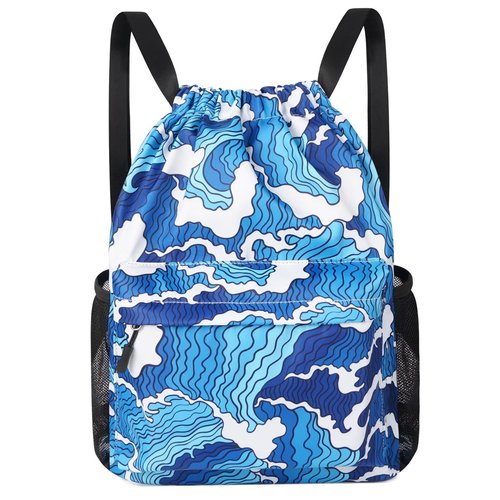 Drawstring Backpack Gym Bag for Women Men Large Capacity Back Pack Trendy Swim Bags String Backpack with Mesh Pockets for Beach Travel Hiking Yoga Wave