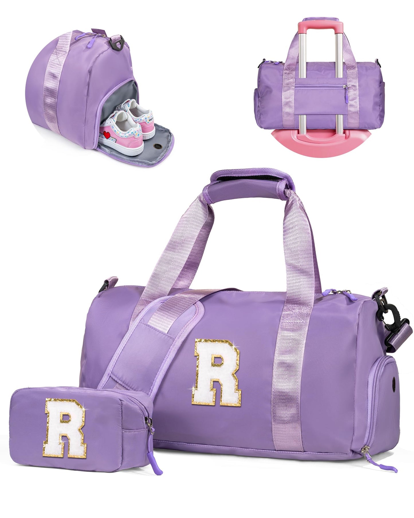 Vogewood Cute Preppy Gifts for Girls-Girl Gym Bag with Shoe Compartment, Kid Personalized Weekender Overnight Bags, Initial Travel Tote with Makeup Pouch, Daughter In Law Gift (Letter D)