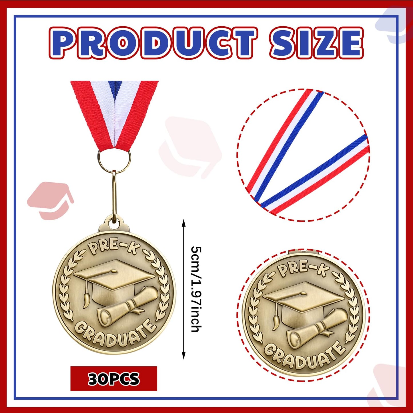 Remuuly 30/60 Pcs Kindergarten Graduation Award Medals for Kids 2'' Preschool Award Medallion with Neck Ribbon Congrats Graduation Gifts for School Student Party Favor(30 Pcs,Cap)