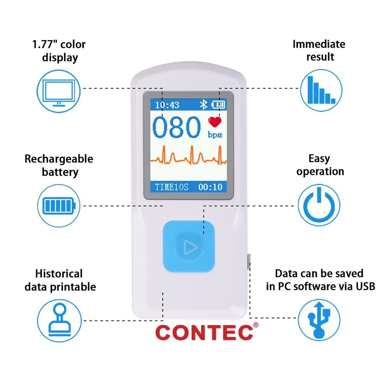 CONTEC Portable ECG/EKG Monitor PC Software Electrocardiogram Bluetooth Heart Rate Beat LCD Monitor PM10