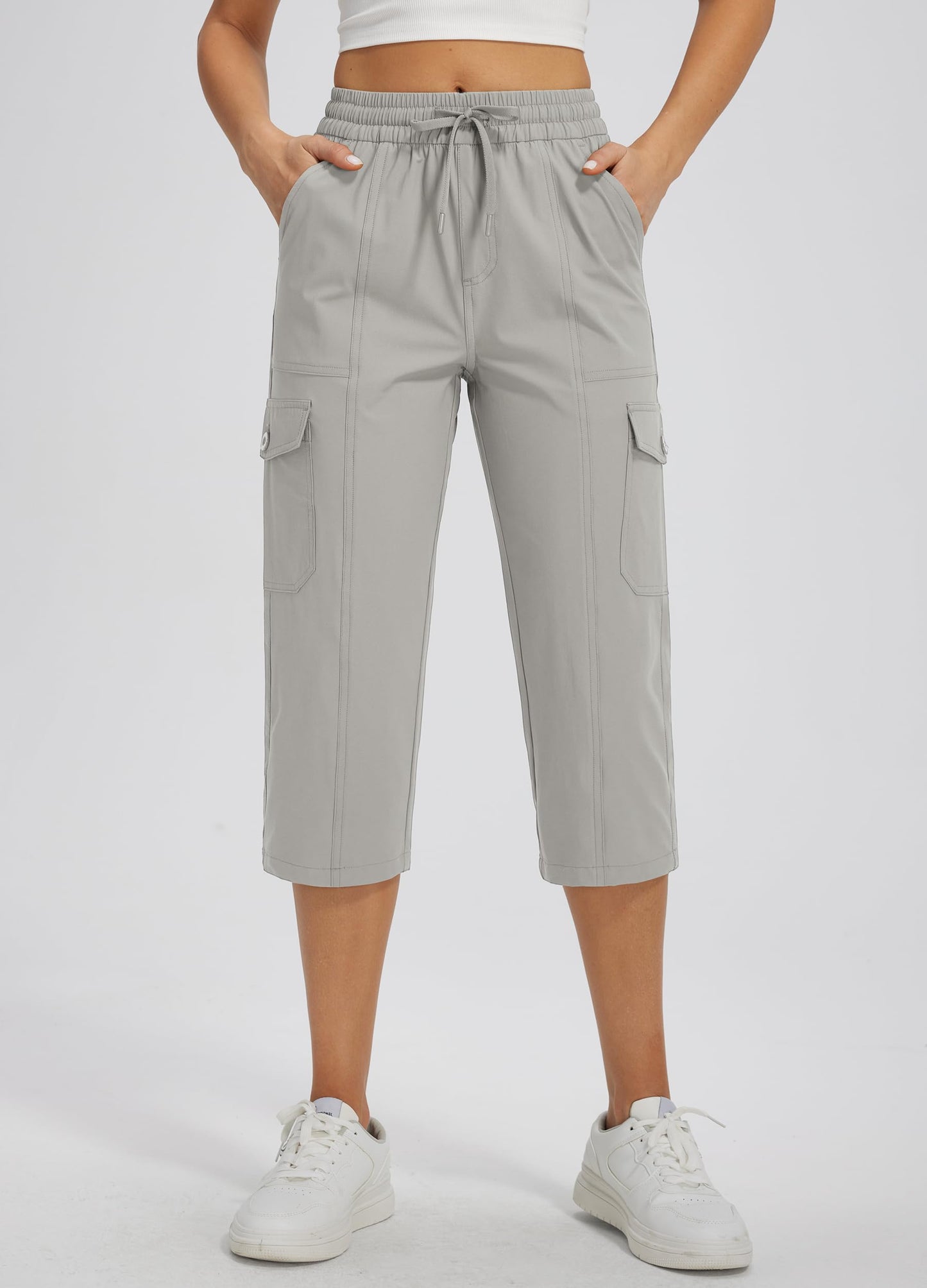 Libin Women's Capri Pants Cargo Capris Travel Hiking Casual Summer Cropped Pants Stretch Quick Dry Water Resistant, Light Gray L