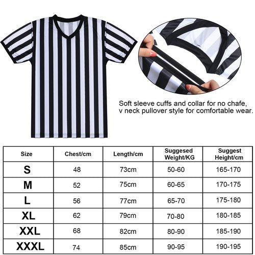 SATINIOR Men's Official Uniform Black and White Stripe Pro-Style Neck Referee Shirt, Officiating Umpire Jersey and Stainless Steel Whistle with Lanyard for Halloween Basketball Football Soccer(XL)
