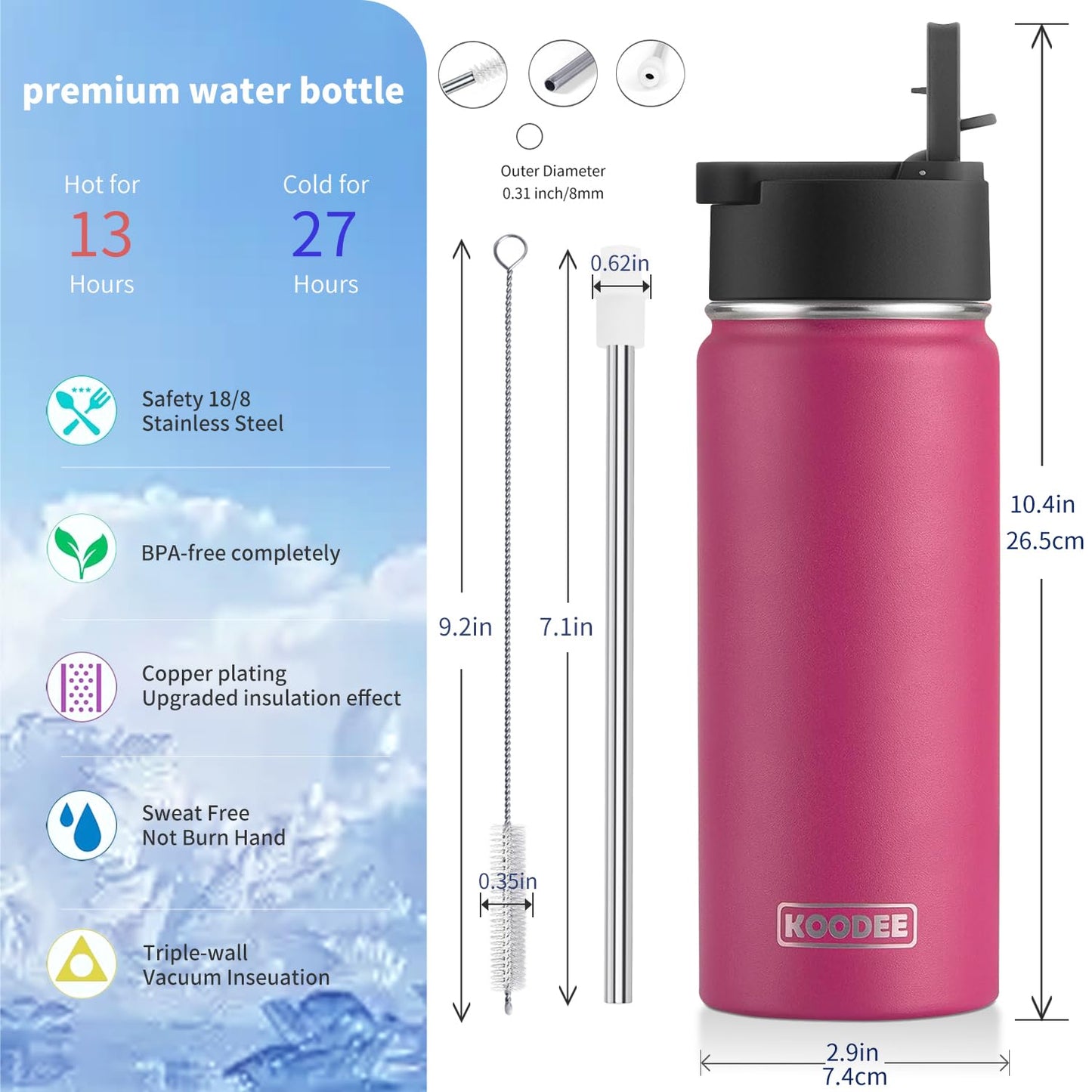 koodee Insulated Water Bottle -18 oz Stainless Steel Vacuum Water Bottle with Straw Lid-Wide Mouth Sports Flask BPA Free (Rose Red)