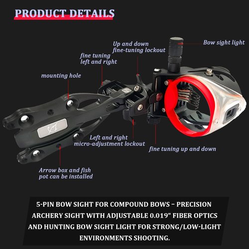 5-Pin Bow Sight for Compound Bows – Micro Adjustable Archery Sight with 0.019" Fiber Optics and Hunting Bow Sight Light.