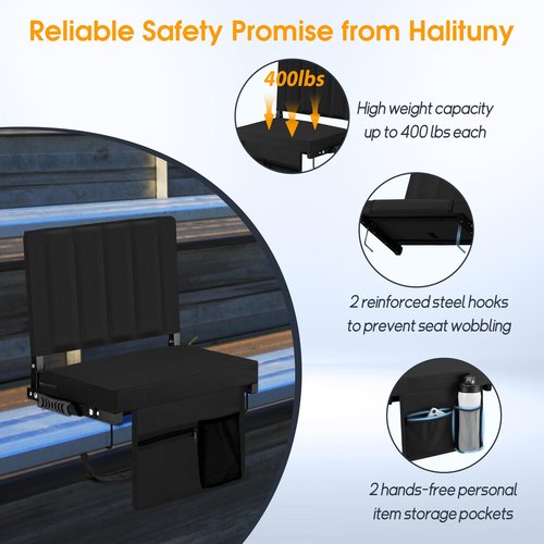 Halituny Stadium Seat for Bleachers with Back Support, Portable Bleacher Seat with Wide Comfy Padded Cushion, Metal Hook, Folding Stadium Chair with Shoulder Strap, Carry Handle, Cup Holder, Black