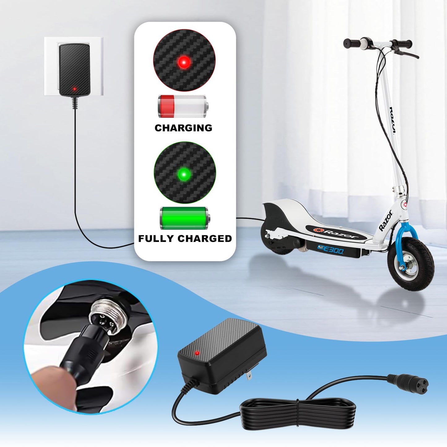 24V 1500mA Electric Scooter Charger for Razor E100, E200, E300, E500, PR200, MX350, Dirt Bike, Pocket Mod, Sports Mod, and Dirt Quad ATV Go Kart Connector - 3-Prong Inline Female Battery Power Cord