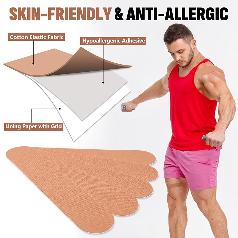 Kinesiology Tape Strips 60 Pcs Precut 2in x 10in Skin Color - Waterproof, Breathable Muscle Support