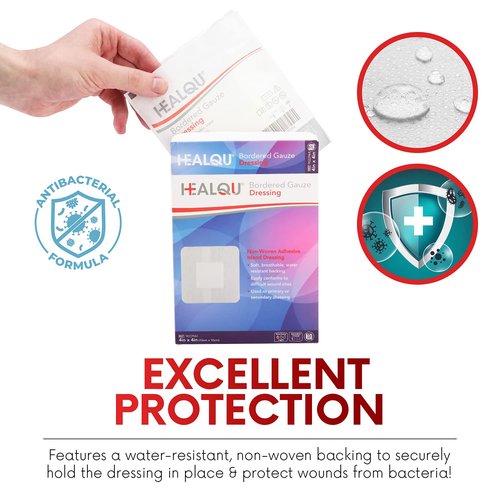 HEALQU Island Dressing - 4"x4", 30 Count - Bordered Gauze Sterile Individually Wrapped Gauze Pads, Water-Resistant, Non-Woven Backing - Soft and Breathable Wound Dressing for First Aid and Medical