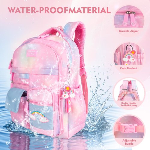 QJHEC Kawaii Rainbow Backpack for Girls – Cute Starry School Bags for Kids & Teens with Plush Pen Case & 6-Piece Study Supplies Set, Children's Bookbag for Elementary – Pink 17.5inch