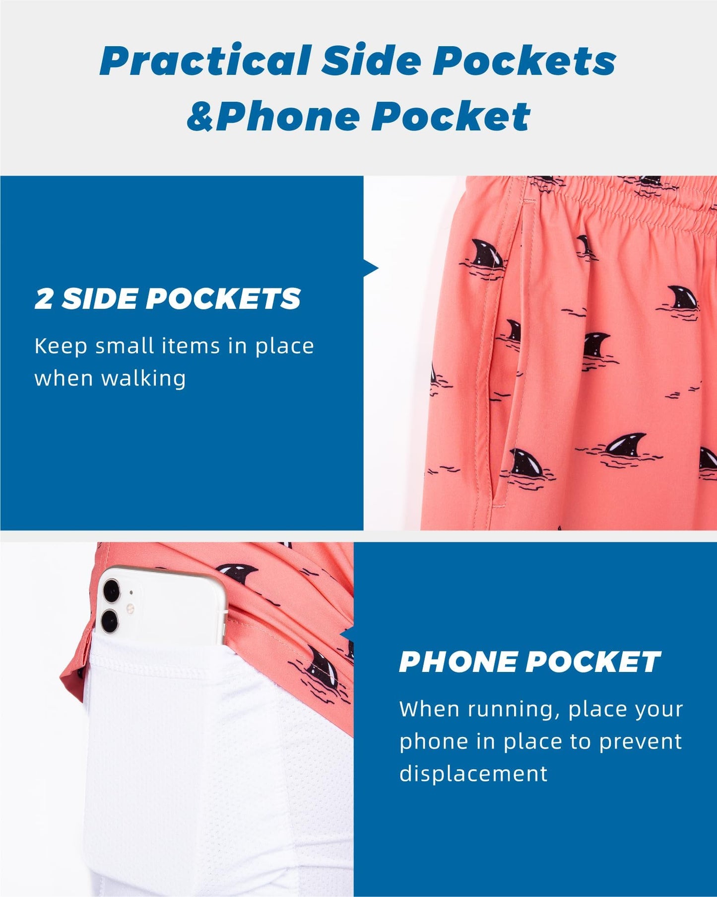 SURF CUZ Mens Swim Trunks with Compression Liner Quick Dry Swim Shorts 7" Swimming Trunks Stretch Zipper Pockets Pink Hidden Sharks Medium