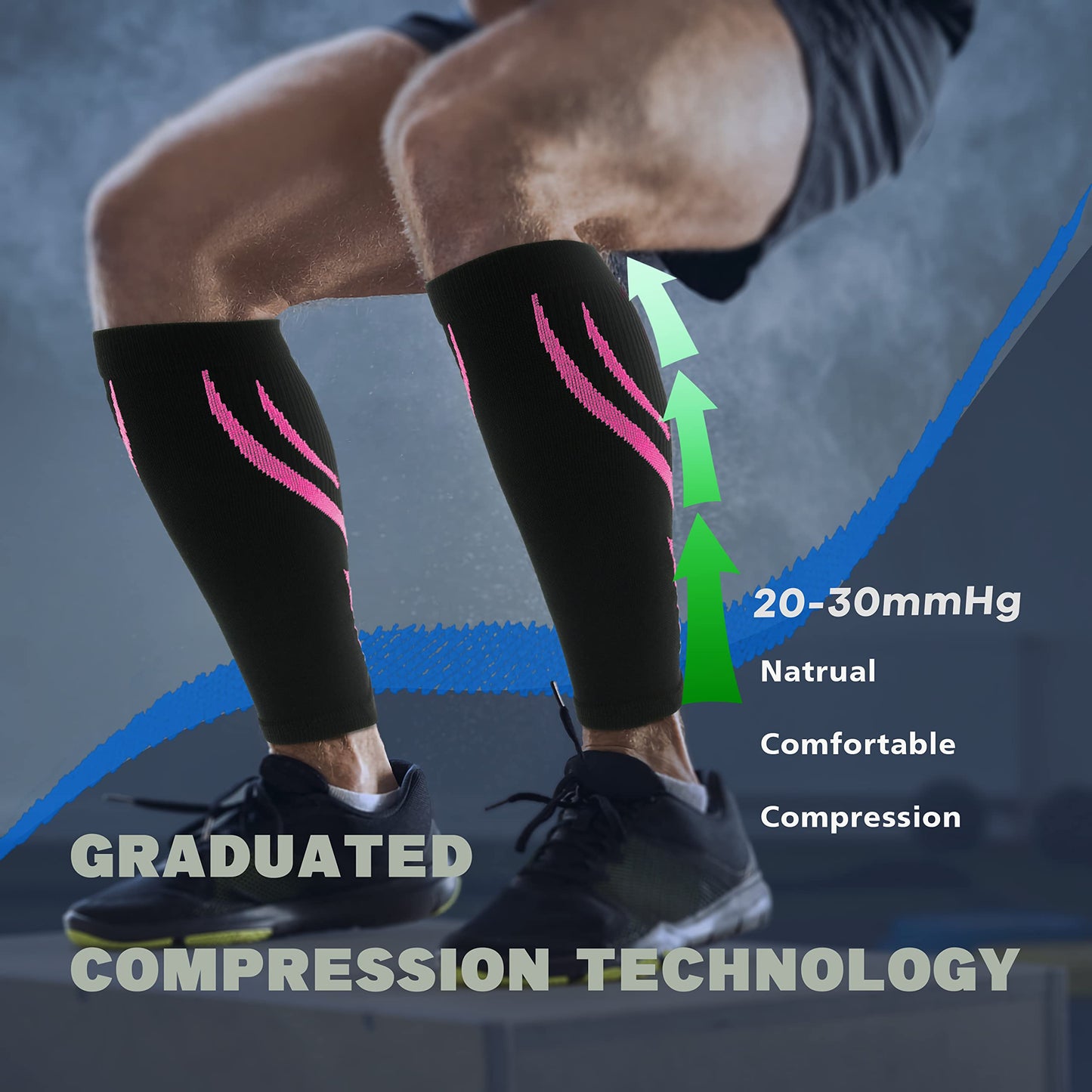 Keskale Calf Compression Sleeves for Men & Women (20-30 mmHg), Leg compression Sleeve Footless Compression Socks for Running, Varicose Veins & Shin Splint Relief, Blue, L/XL