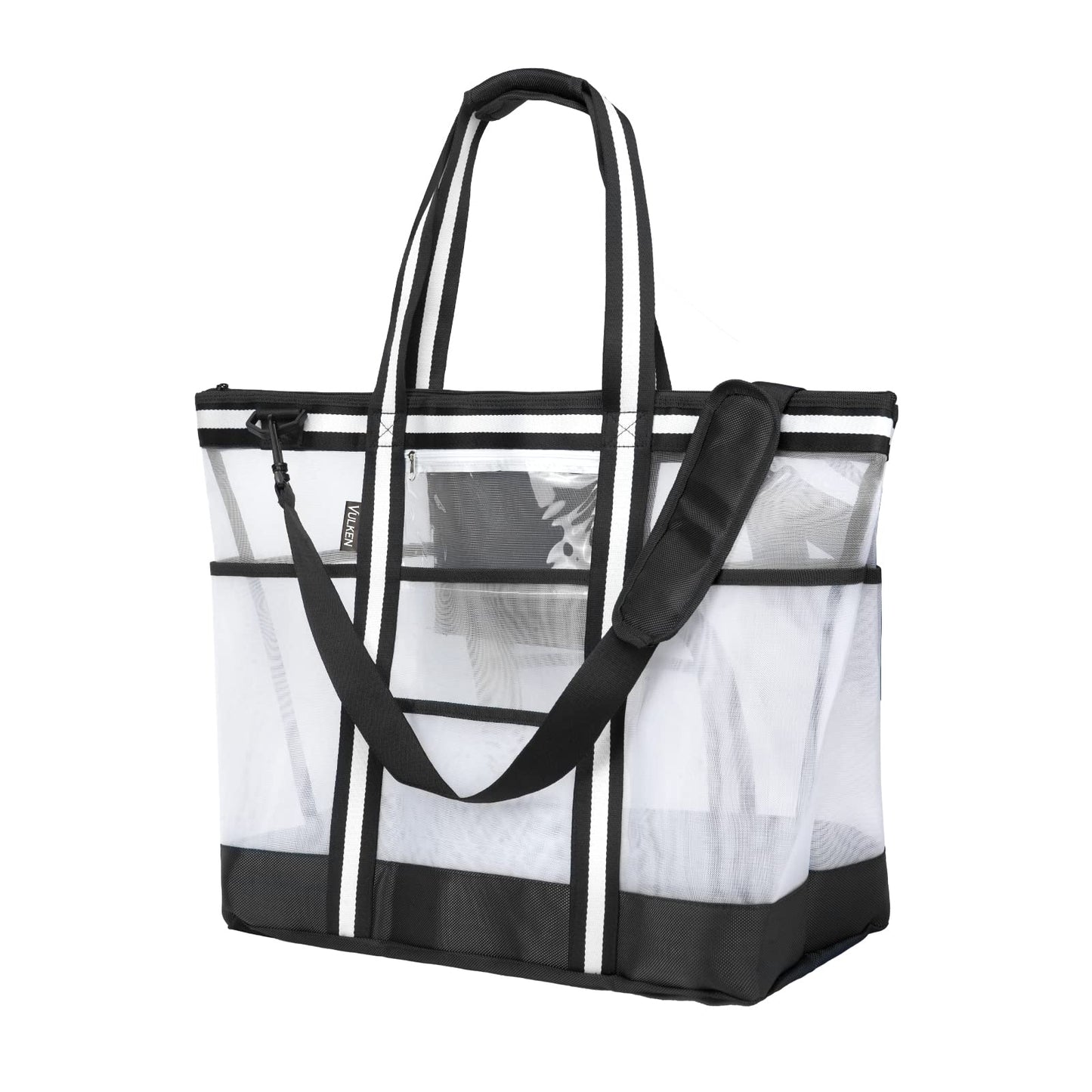 Vulken 42L Extra Large Mesh Beach Bag. 9 Pockets Top Zip Tote Bag Shoulder Bag. (Black&White)