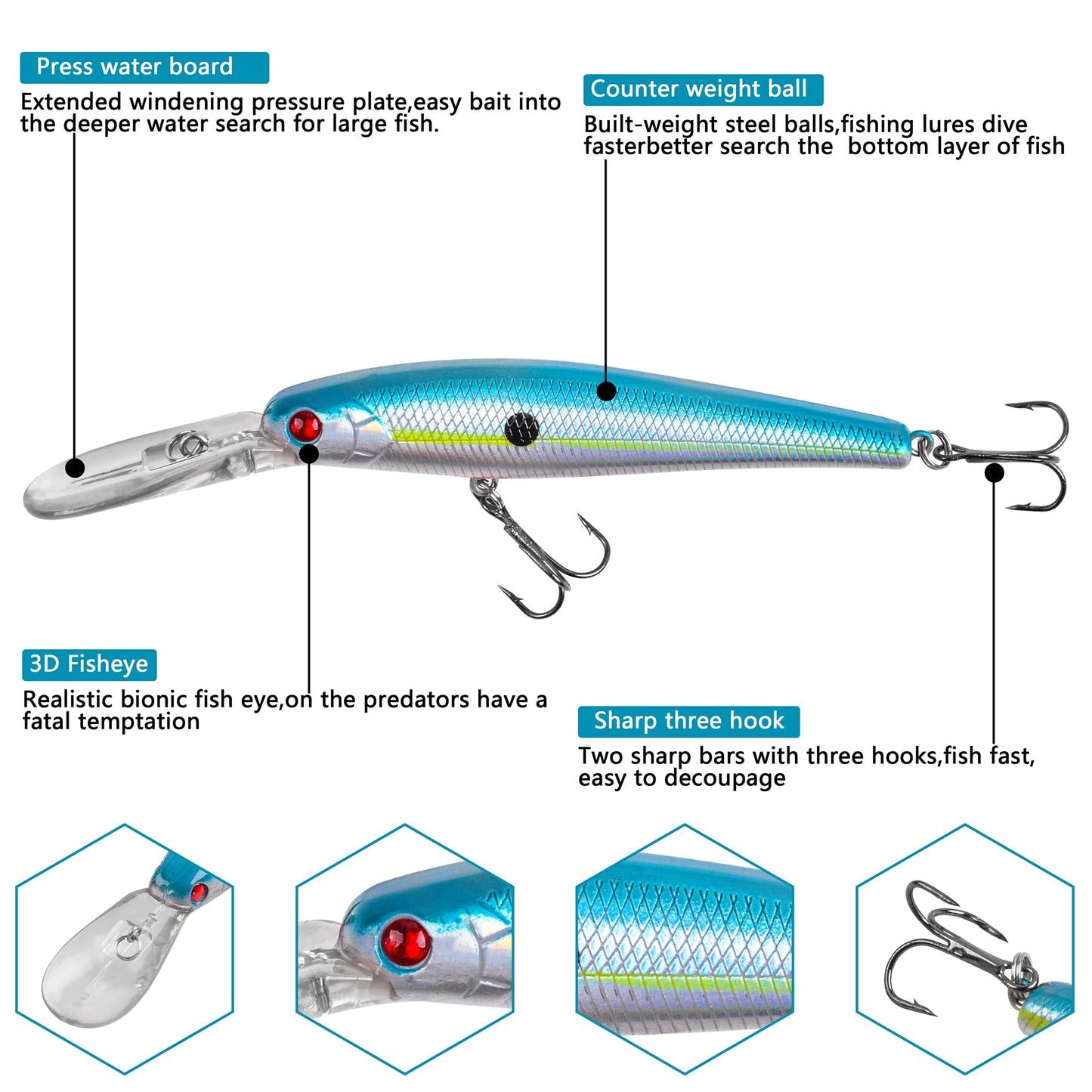 Crankbait Minnow Fishing Lures,10pcs Plug Lure with Treble Hooks Hard Baits Swimbaits 3D Fishing Eyes Life-Like Bass Crank Bait for Trout Bass Perch Fishing 5.07inch