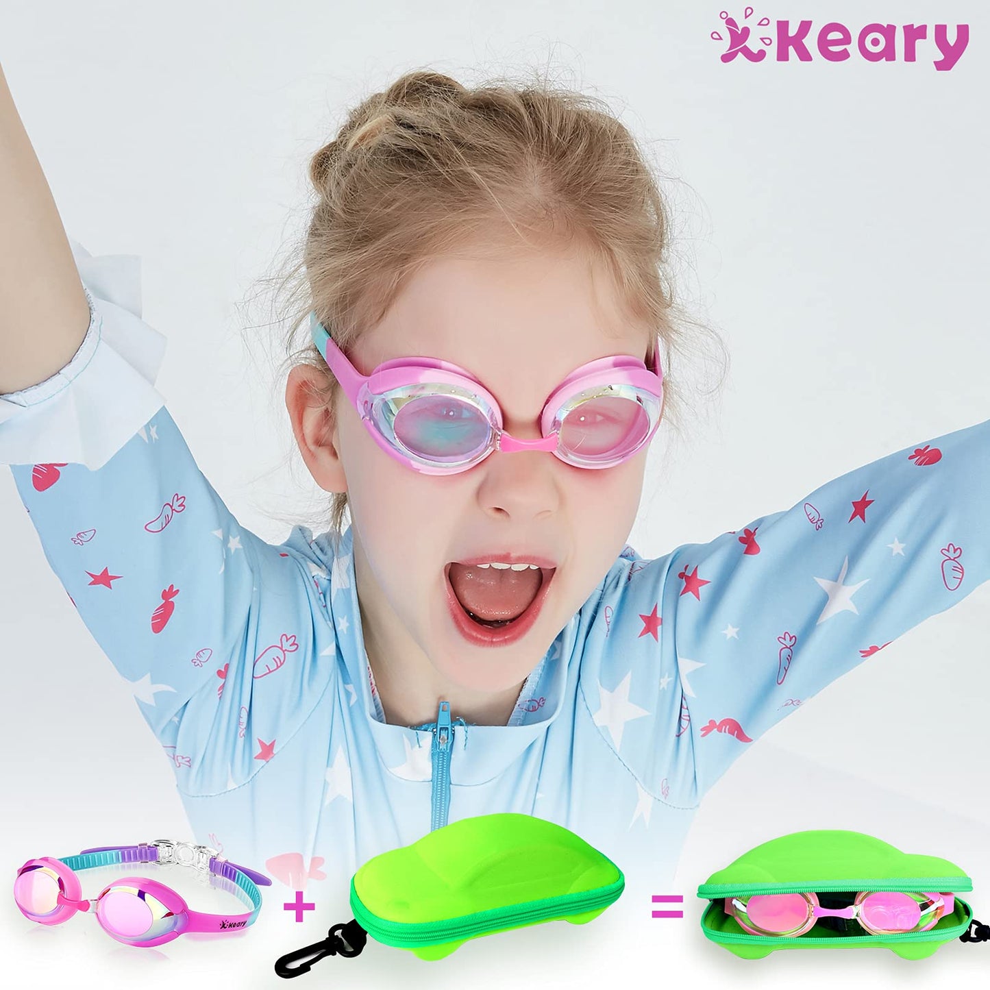 Keary Kids Swim Goggles for Toddler Children Girls Boys Youth, Anti-Fog Waterproof UV Protection Clear Vision Mirror Flat Lens, Pink Kids Goggles with 3 Nose Pieces
