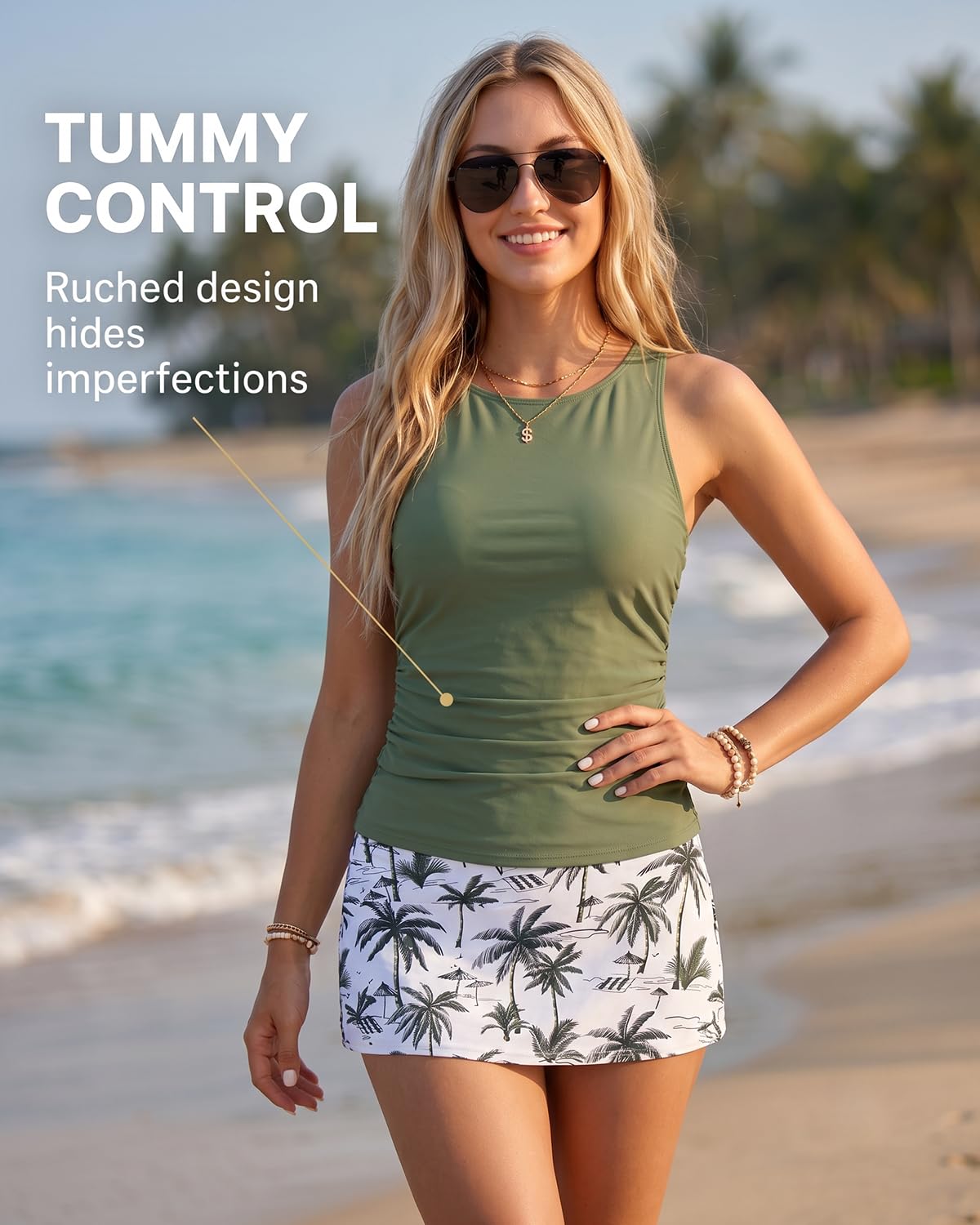 Daci Womens Green Palm Tree Tankini Swimsuits with Skirt Tummy Control L