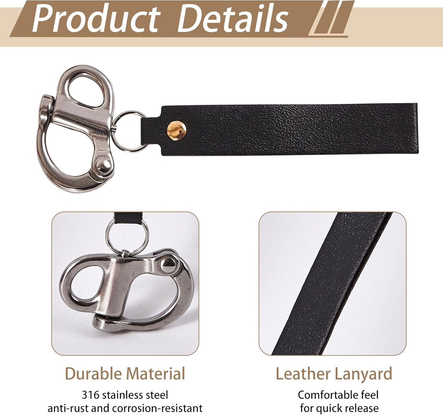 2 Pcs Firefighter Quick Release Shackle with Leather Handle, 316 Marine-Grade Stainless Steel Quick Release Clip, Fixed Snap Shackle Lanyard for SCBA Mask, Sailing Rigging Shackle, Boat Buckle