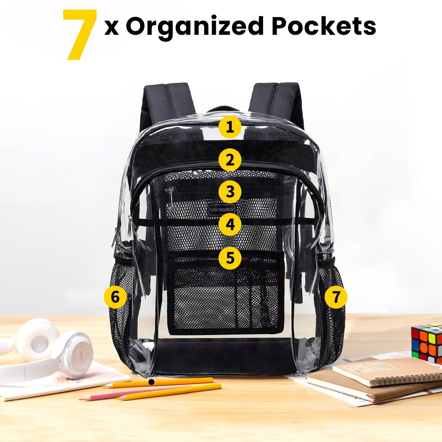 Vorspack Heavy Duty Clear Backpack, Large Transparent Clear Bookbag, Black