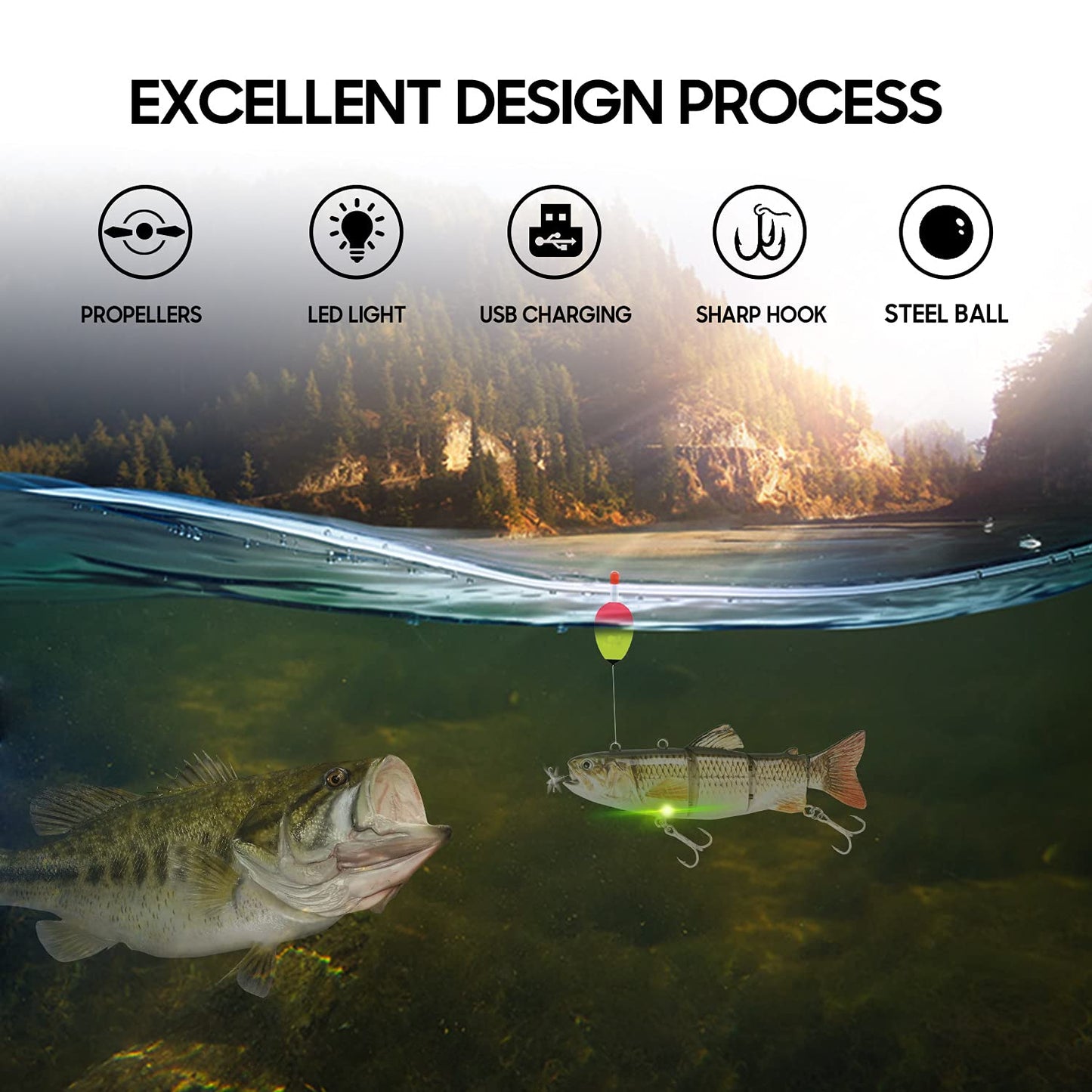 Robotic Swimming Fishing Electric Lures 5.12" USB Rechargeable LED Light Wobbler Multi Jointed Swimbaits Hard Lures Fishing Tackle (Rainbow Shad)