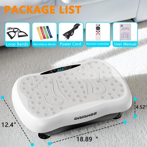 Damkee Vibrating Board Workout, Weight Loss Exercise Equipment and Lymphatic Drain Massager, Waver Fitness Exerciser, 4 Resistance Bands (White)