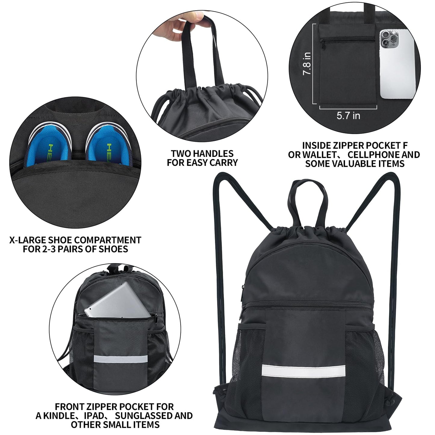 HOLYLUCK Men & Women Outdoor Sport Gym Sack Waterproof Drawstring Backpack Bag (Simple Drawstring, Black x 2)