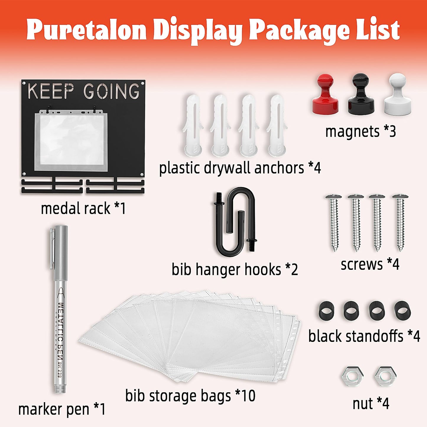 Puretalon Race Medal Display Heavy Duty Iron Bib and Medal Display for Runners Holds 50+ Medals & Race Bibs Marathon Medal Holder Wall Hanger Includes 10 Bib Storage Bags 1 Washable Marker 3 Magnets