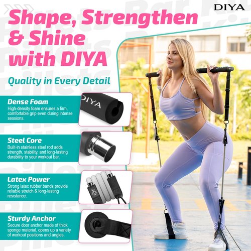 DIYA Pilates Bar Kit with Resistance Bands - Stretched Pilates Bar for Women & Men, 140 lbs Equipment for Legs, Hips, Waist, Arms, Back - Travel Friendly Adjustable Home Gym Kit for Full Body Workouts