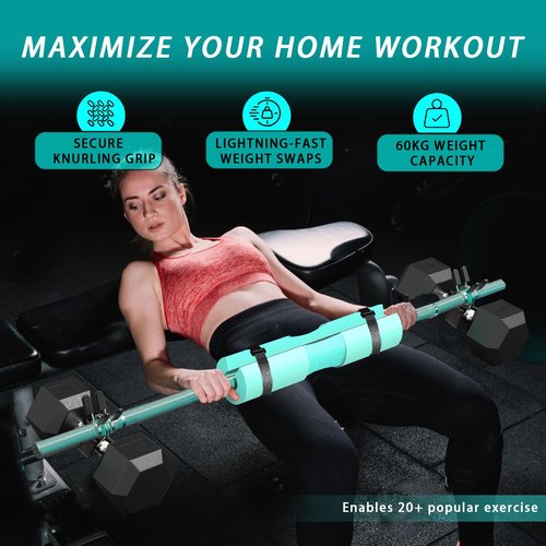 48-Inch Dumbbell to Barbell Converter with Barbell Pad – Supports 132 lbs Max Weight – Premium Aluminum Alloy with Secure Dumbbell Strap – Ideal for Hip Thrusts, Deadlifts & Squats at Home Gym