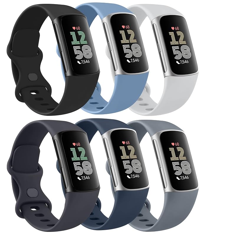 Tobfit 6-Pack Sport Bands for Fitbit Charge 5/6 - Silicone Waterproof Replacement Straps (Black, Winter Blue, Light Grey, Midnight, Abyss Blue, Blue Grey) - Women & Men