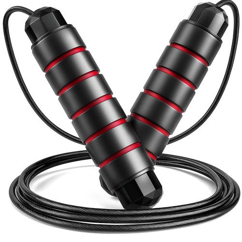 Adjustable Jump Rope, Black and Red Steel Wire Speed Rope with PVC Coating, Tangle-Free, Smooth Bearings Jump Rope for Cardio, Fitness, Home Workouts