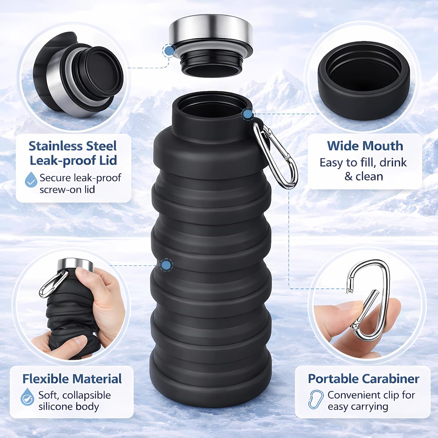 Collapsible Water Bottles,16oz Capacity Portable Reusable Silicone Water Bottle,Leak-proof,with buckle,foldable storage,Lightweight Durable for Fitness,Cycling,Sports,Camping,Hiking，Deep Black
