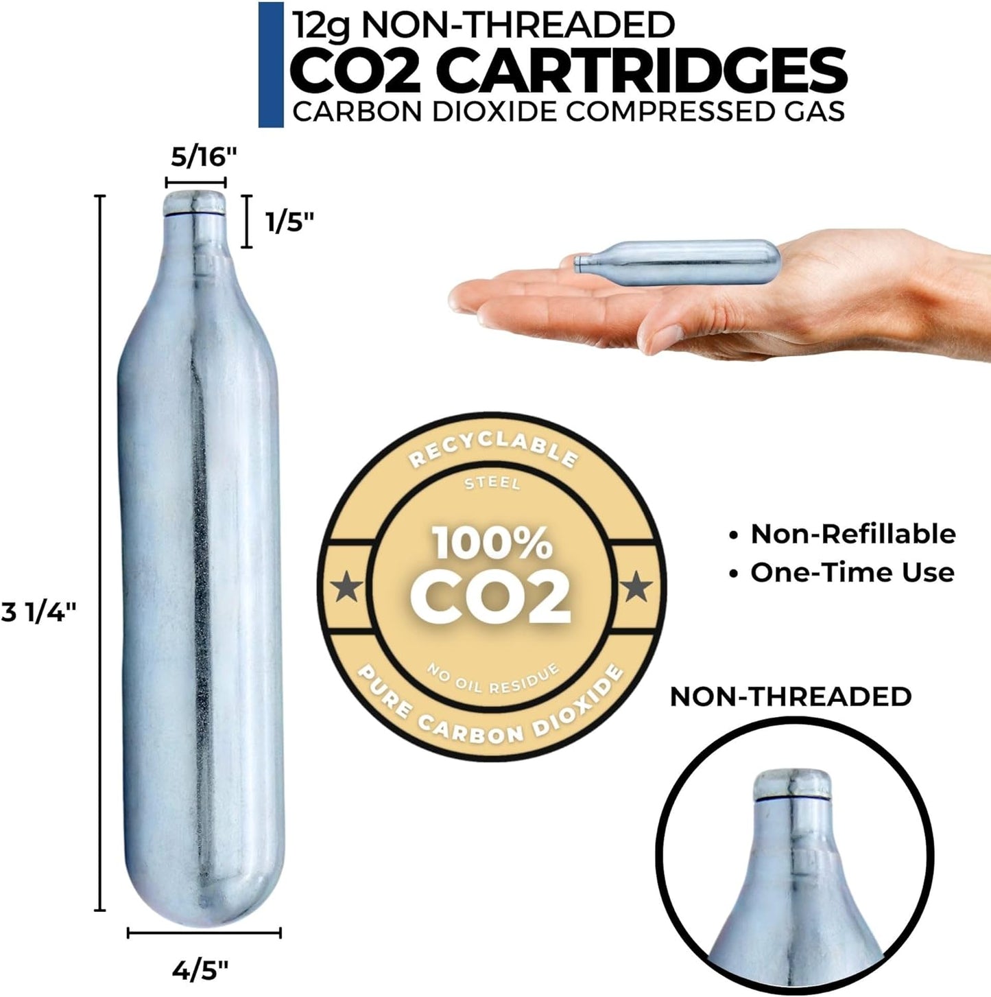 ICO 12 Gram Co2 Cartridges Non-Threaded, CO2 cartridges BB Gun, CO2 BB Pistol, CO2 Airsoft Pistol, and CO2 Paintball Markers (30/50/500 Count)